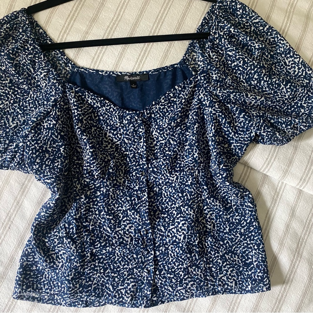 MADEWELL on/off shoulder puff sleeve button down in navy